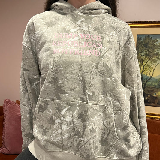 DUMP YOUR REPUBLICAN BOYFRIEND white camo hoodie with pink text (XL)