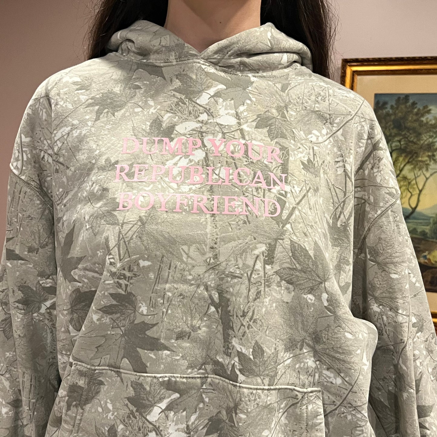 DUMP YOUR REPUBLICAN BOYFRIEND white camo hoodie with pink text (XL)