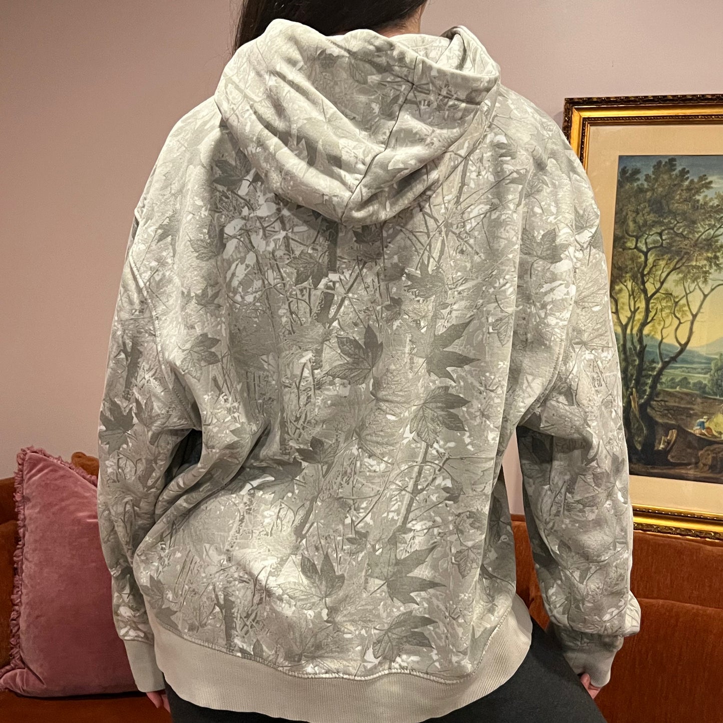 DUMP YOUR REPUBLICAN BOYFRIEND white camo hoodie with pink text (XL)