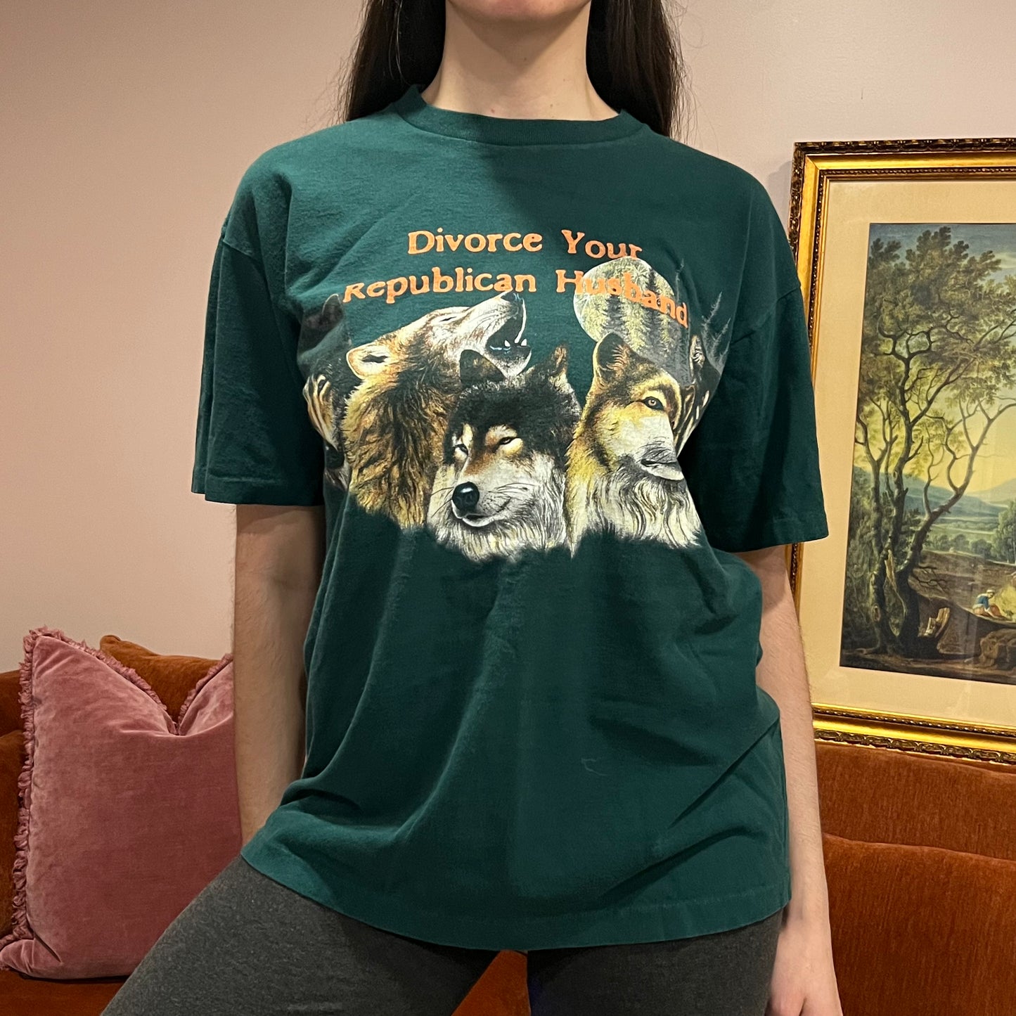 DIVORCE YOUR REPUBLICAN HUSBAND animal t-shirt with orange text (L)