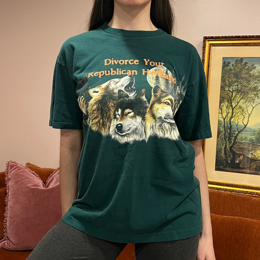 DIVORCE YOUR REPUBLICAN HUSBAND animal t-shirt with orange text (L)