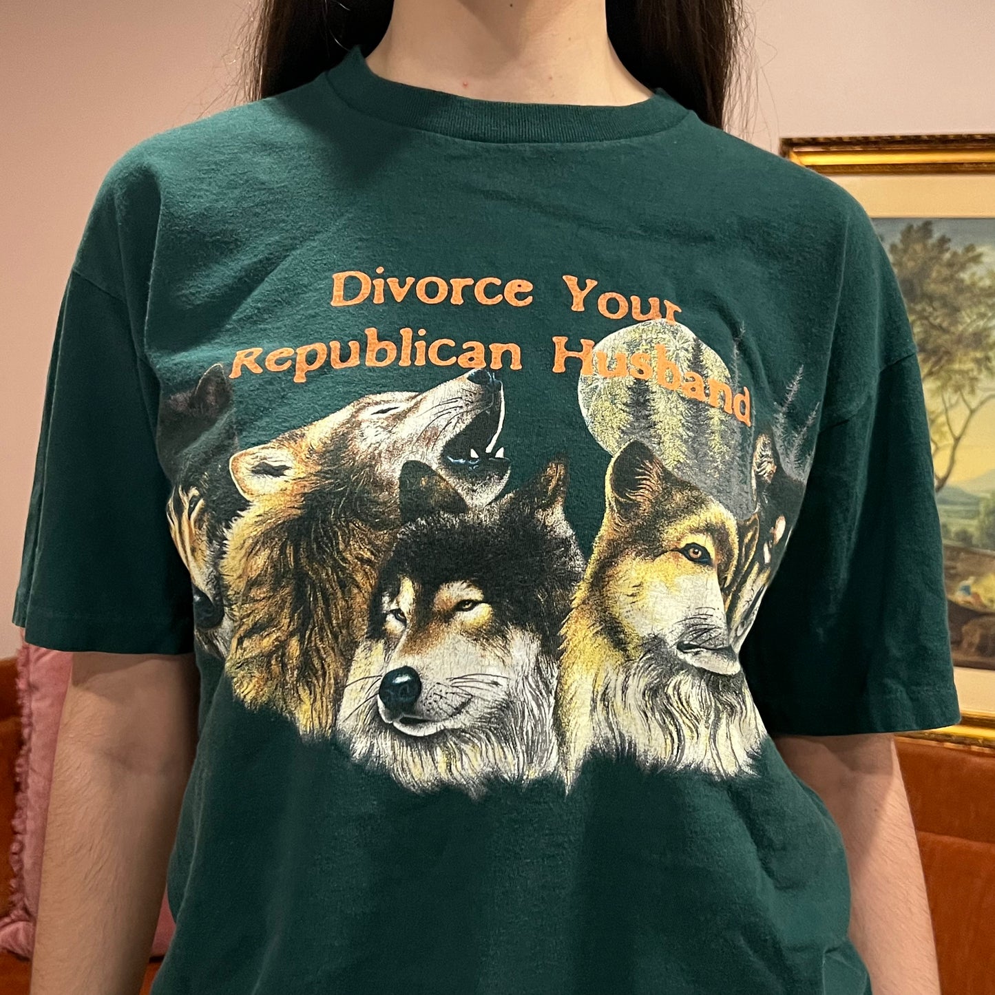 DIVORCE YOUR REPUBLICAN HUSBAND animal t-shirt with orange text (L)