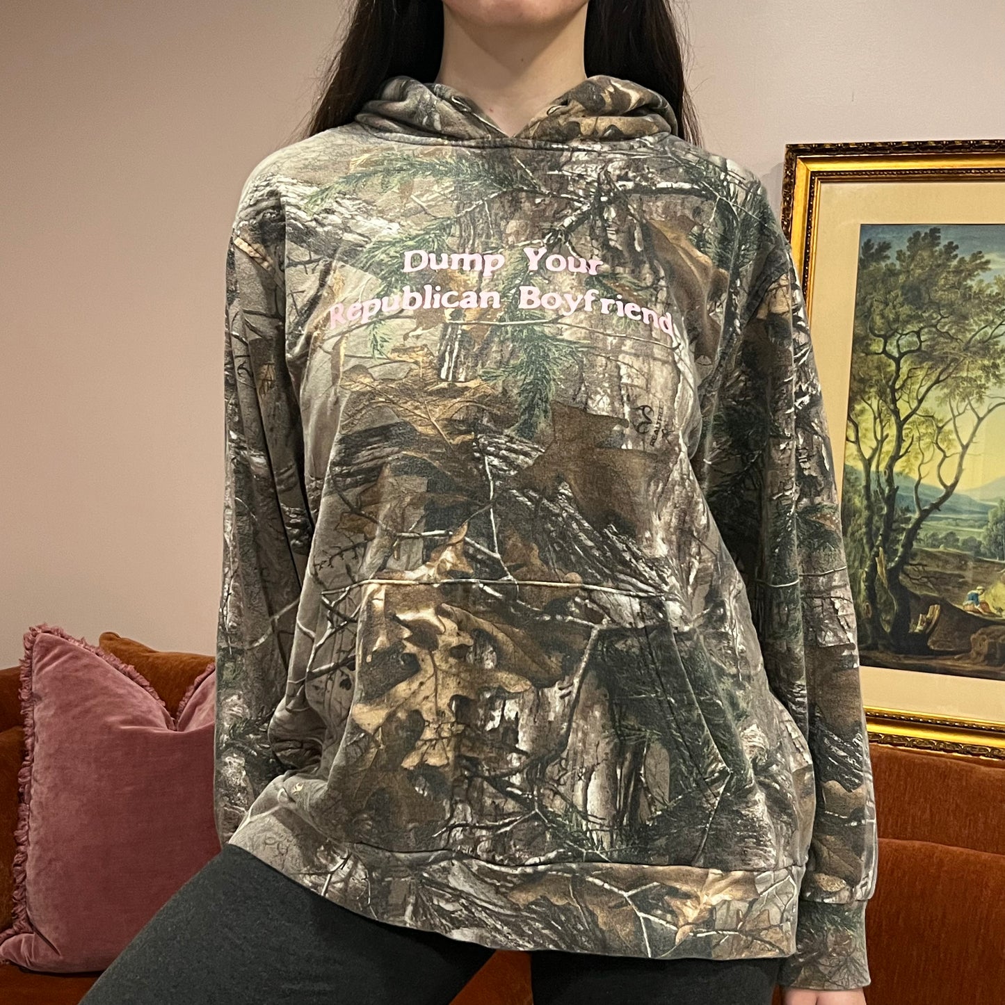 DUMP YOUR REPUBLICAN BOYFRIEND camo hoodie with pink text (L)