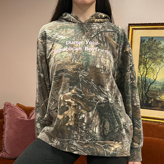DUMP YOUR REPUBLICAN BOYFRIEND camo hoodie with pink text (L)