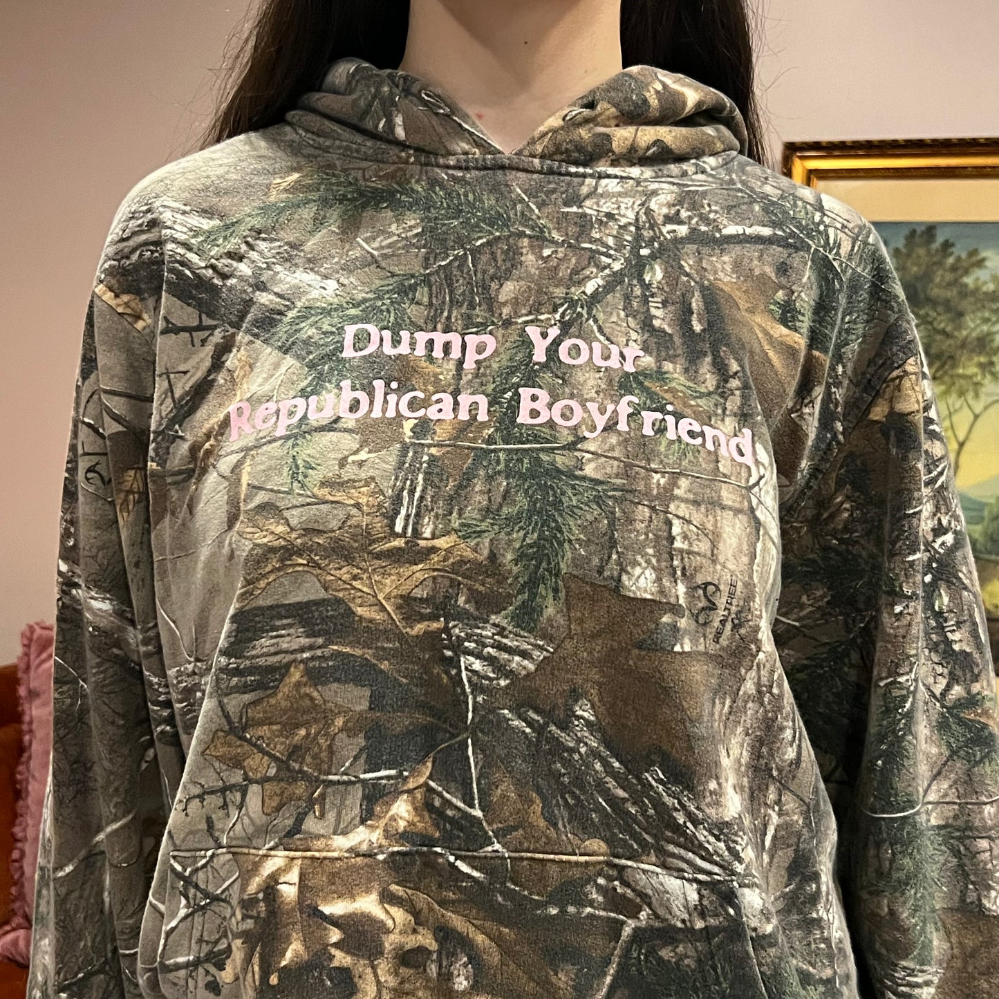 DUMP YOUR REPUBLICAN BOYFRIEND camo hoodie with pink text (L)