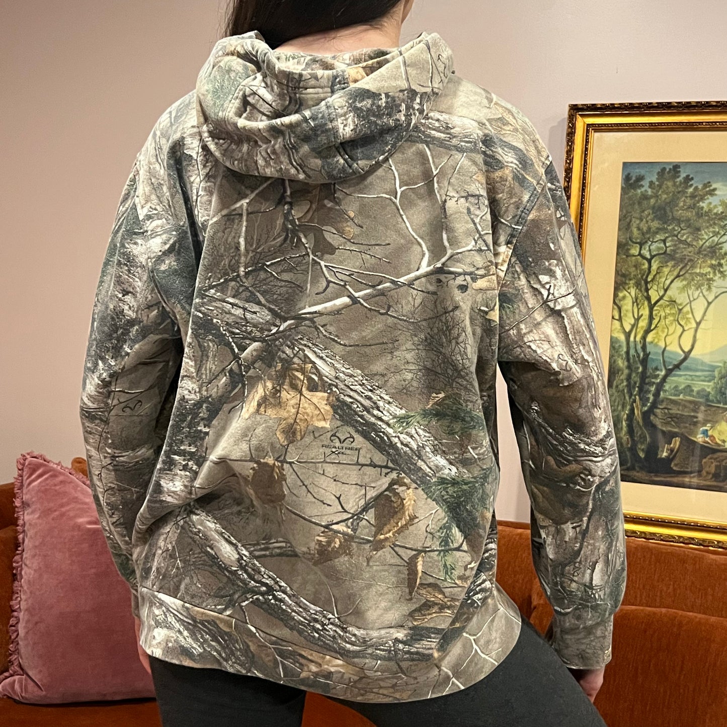 DUMP YOUR REPUBLICAN BOYFRIEND camo hoodie with pink text (L)