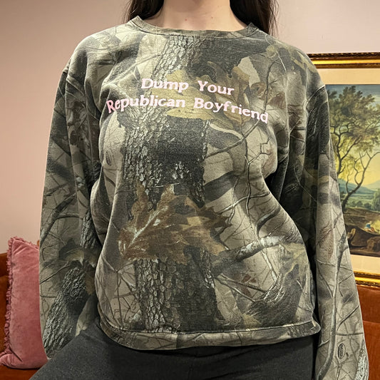 DUMP YOUR REPUBLICAN BOYFRIEND camo crewneck with pink text (S/M)
