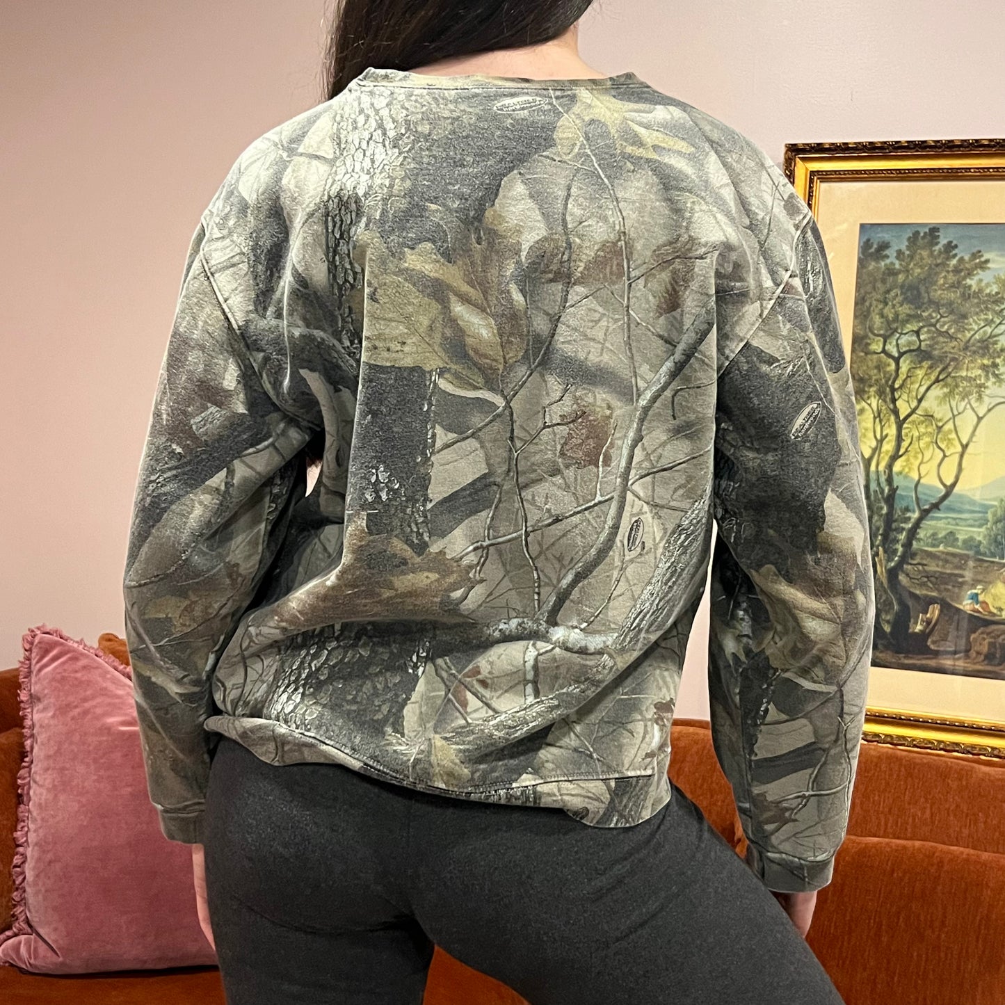 DUMP YOUR REPUBLICAN BOYFRIEND camo crewneck with pink text (S/M)
