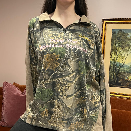 DUMP YOUR REPUBLICAN BOYFRIEND camo zip-up with pink text (XL)