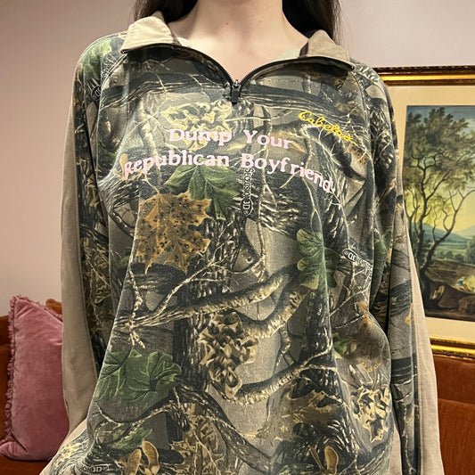 DUMP YOUR REPUBLICAN BOYFRIEND camo zip-up with pink text (XL)