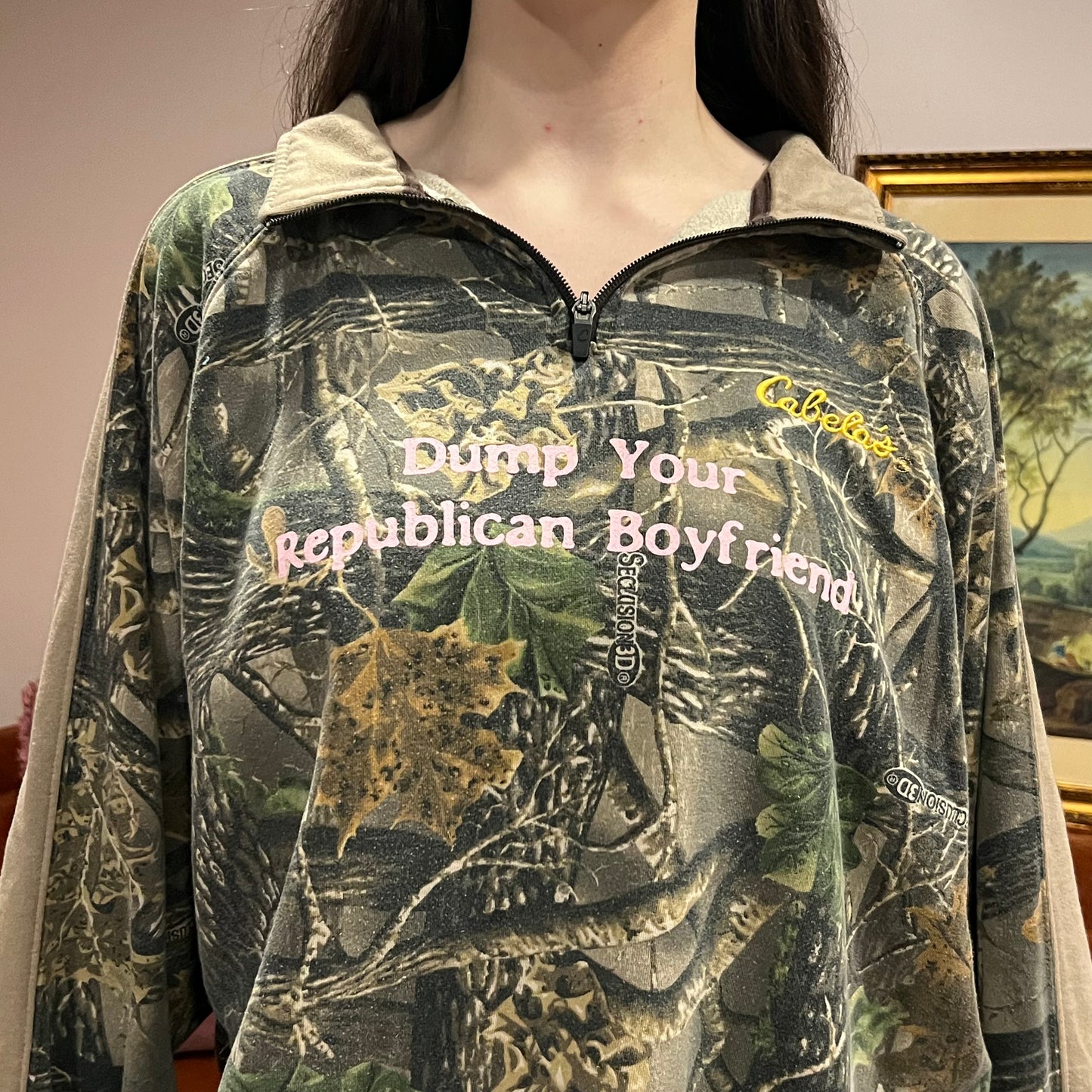 DUMP YOUR REPUBLICAN BOYFRIEND camo zip-up with pink text (XL)