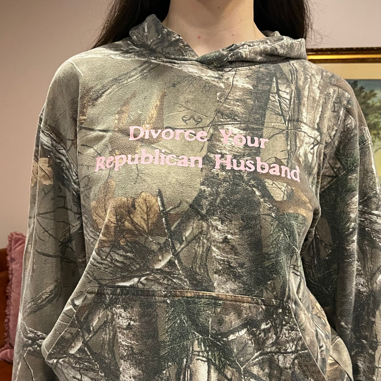 DIVORCE YOUR REPUBLICAN HUSBAND camo hoodie with pink text (M)