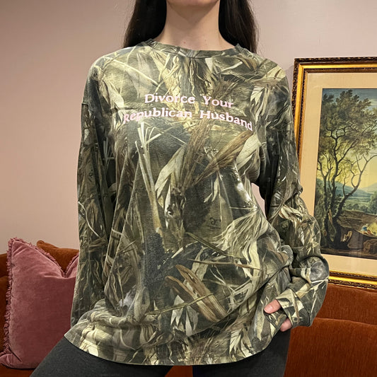 DUMP YOUR REPUBLICAN BOYFRIEND camo long sleeve t-shirt with pink text (XL)