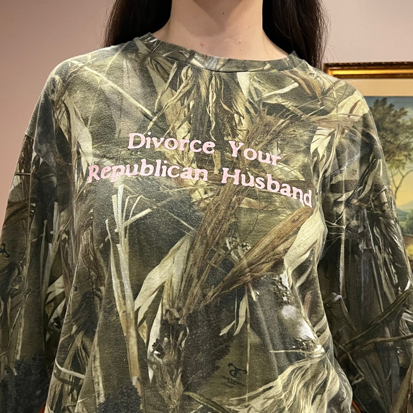 DUMP YOUR REPUBLICAN BOYFRIEND camo long sleeve t-shirt with pink text (XL)