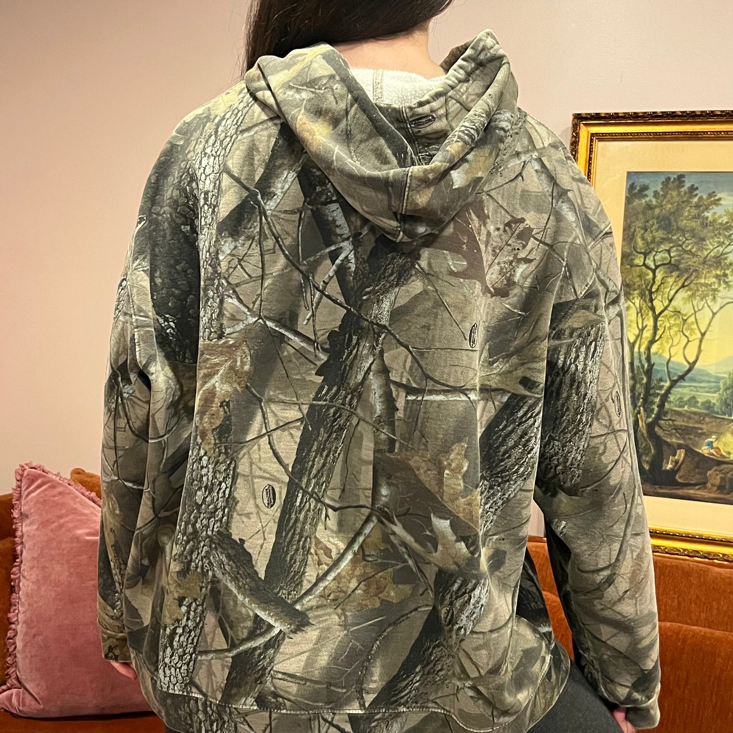 DIVORCE YOUR REPUBLICAN HUSBAND camo hoodie with pink text (2XL)