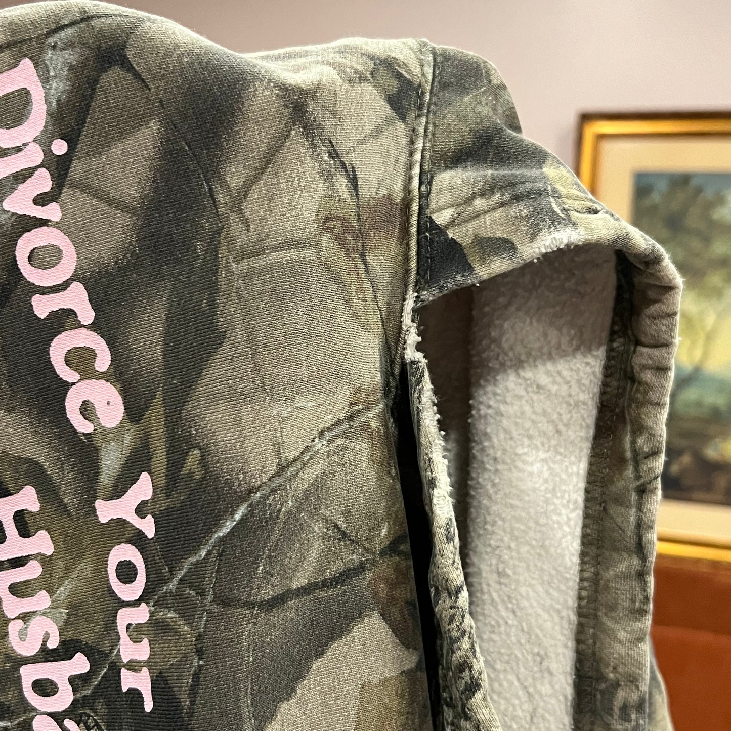 DIVORCE YOUR REPUBLICAN HUSBAND camo hoodie with pink text (2XL)