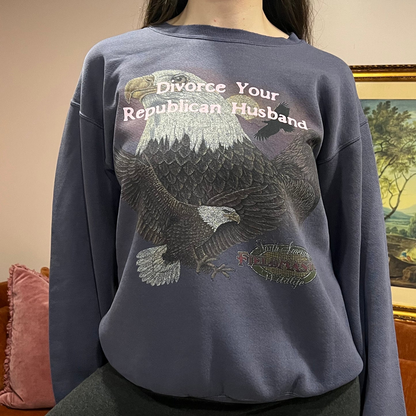 DIVORCE YOUR REPUBLICAN HUSBAND animal crewneck with pink text (M)