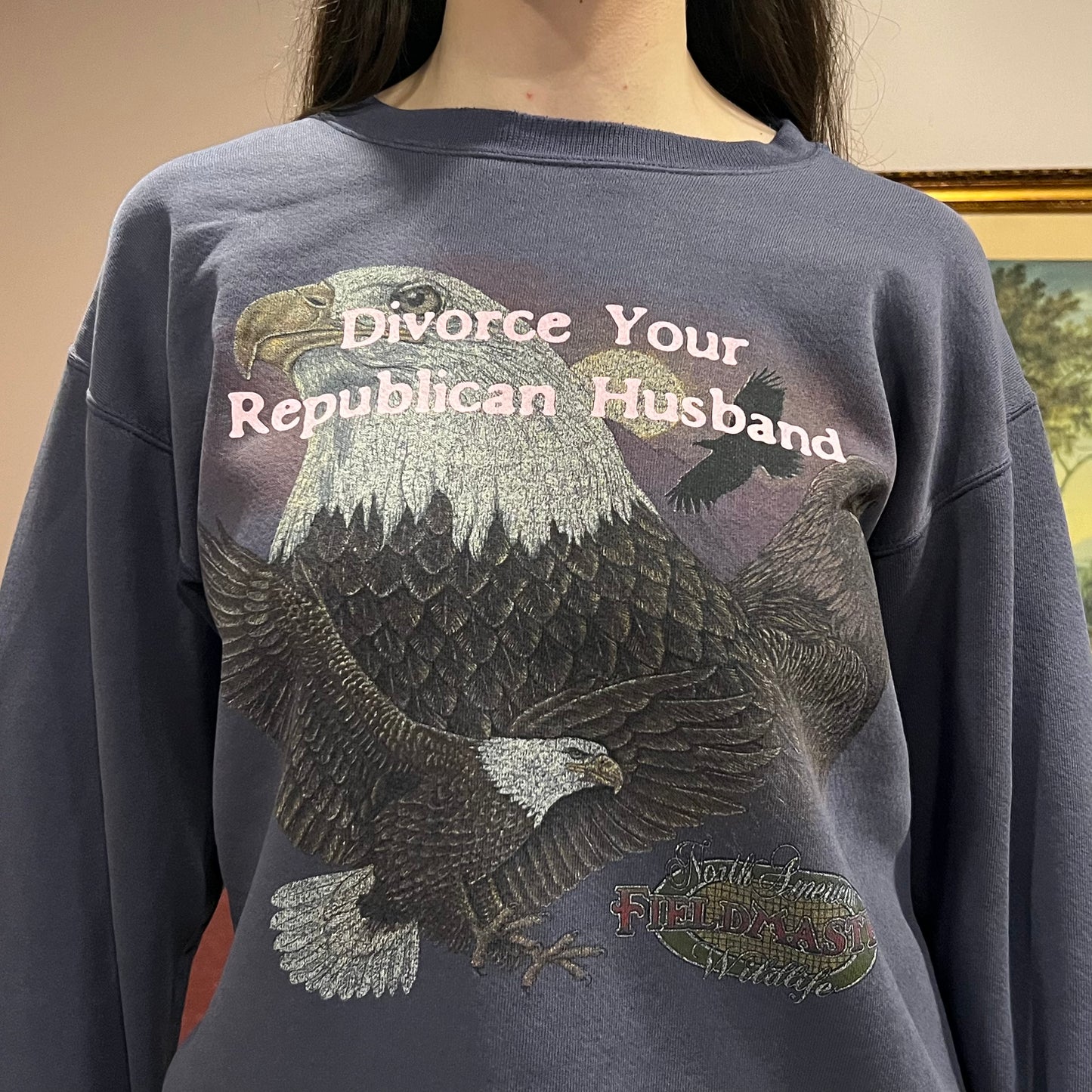 DIVORCE YOUR REPUBLICAN HUSBAND animal crewneck with pink text (M)