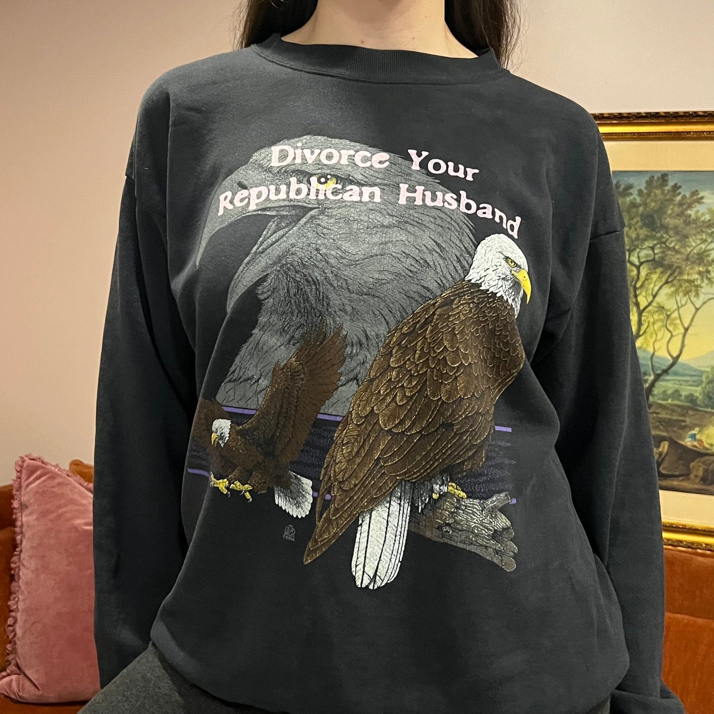 DIVORCE YOUR REPUBLICAN HUSBAND animal crewneck with pink text (L)