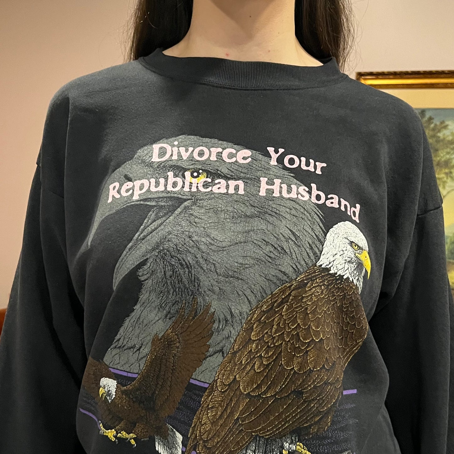 DIVORCE YOUR REPUBLICAN HUSBAND animal crewneck with pink text (L)