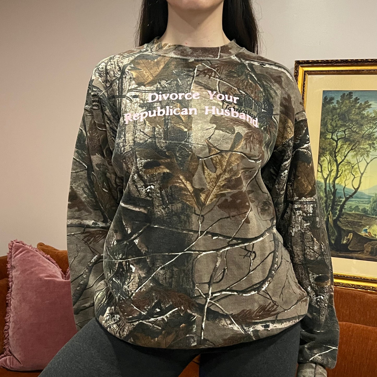 DIVORCE YOUR REPUBLICAN HUSBAND camo crewneck with pink text (L)