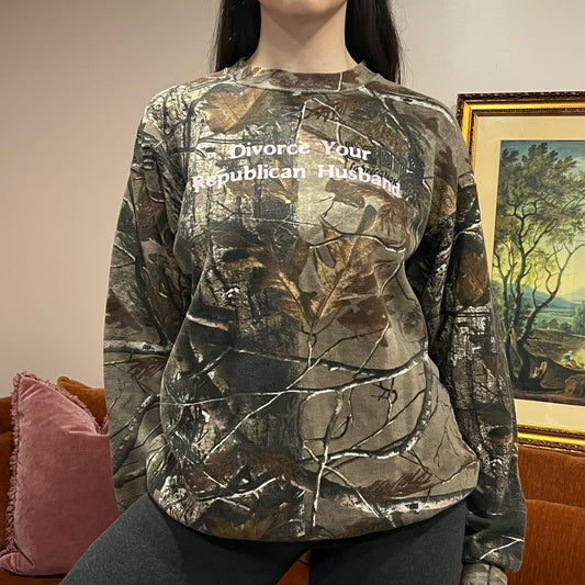 DIVORCE YOUR REPUBLICAN HUSBAND camo crewneck with pink text (L)
