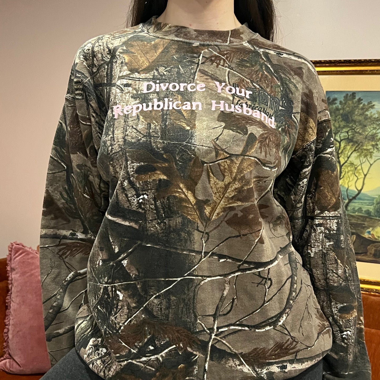 DIVORCE YOUR REPUBLICAN HUSBAND camo crewneck with pink text (L)