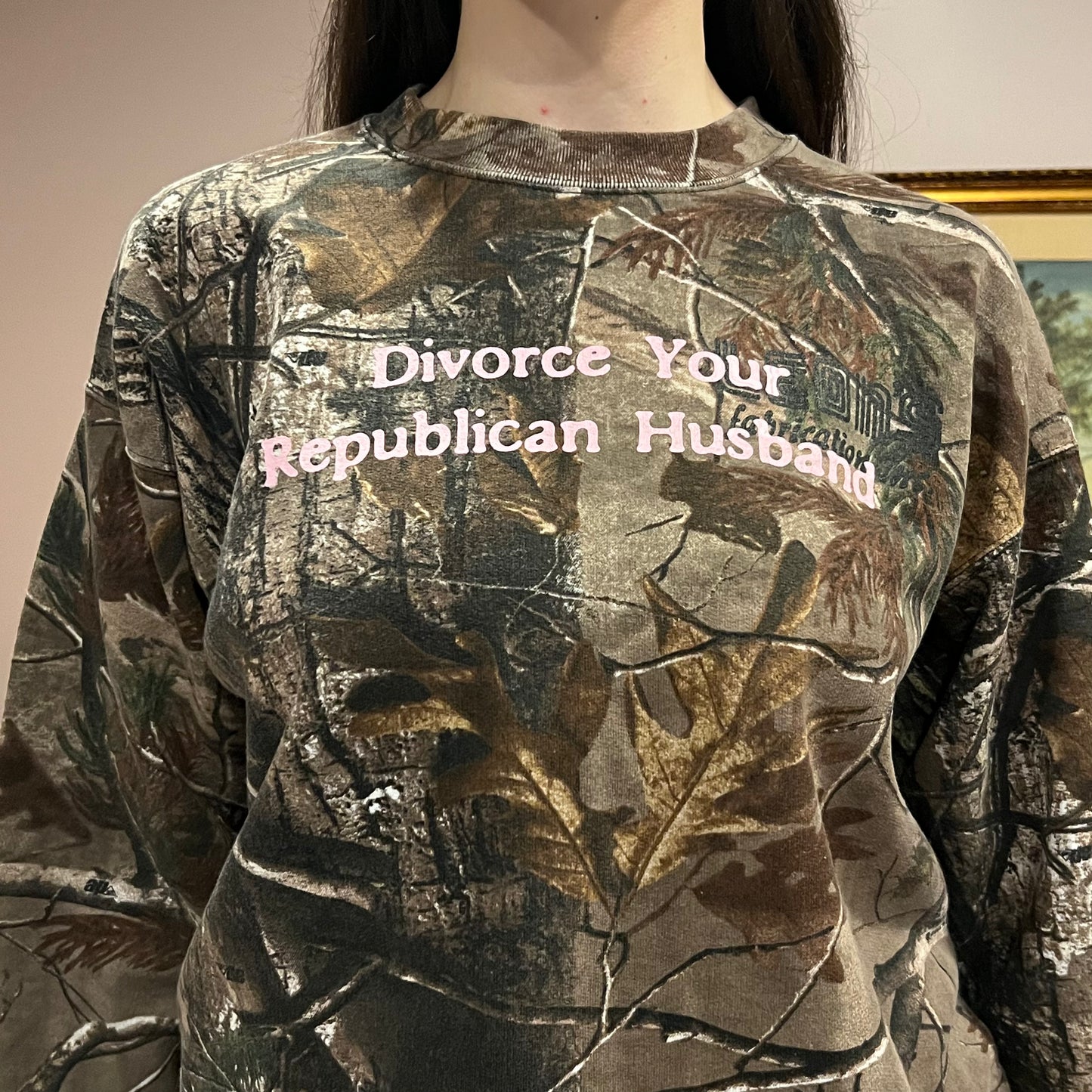 DIVORCE YOUR REPUBLICAN HUSBAND camo crewneck with pink text (L)