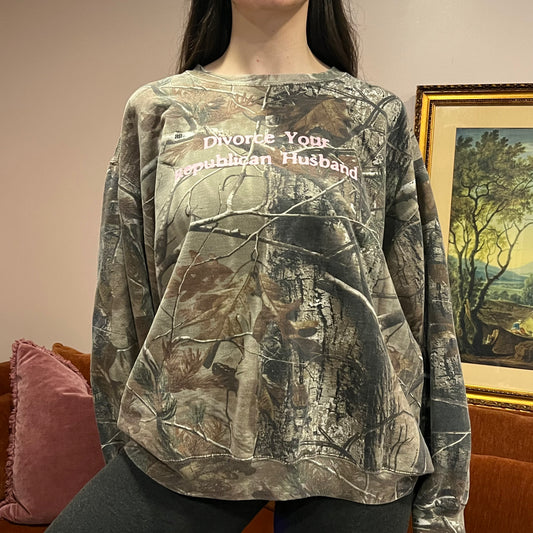 DIVORCE YOUR REPUBLICAN HUSBAND camo crewneck with pink text (3XL)