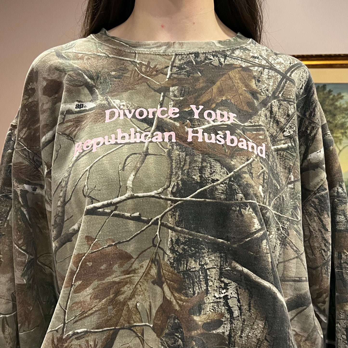 DIVORCE YOUR REPUBLICAN HUSBAND camo crewneck with pink text (3XL)
