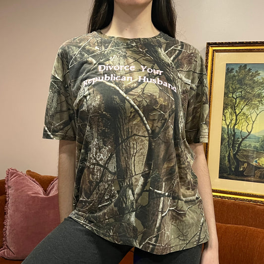 DIVORCE YOUR REPUBLICAN HUSBAND camo t-shirt with pink text (XL)