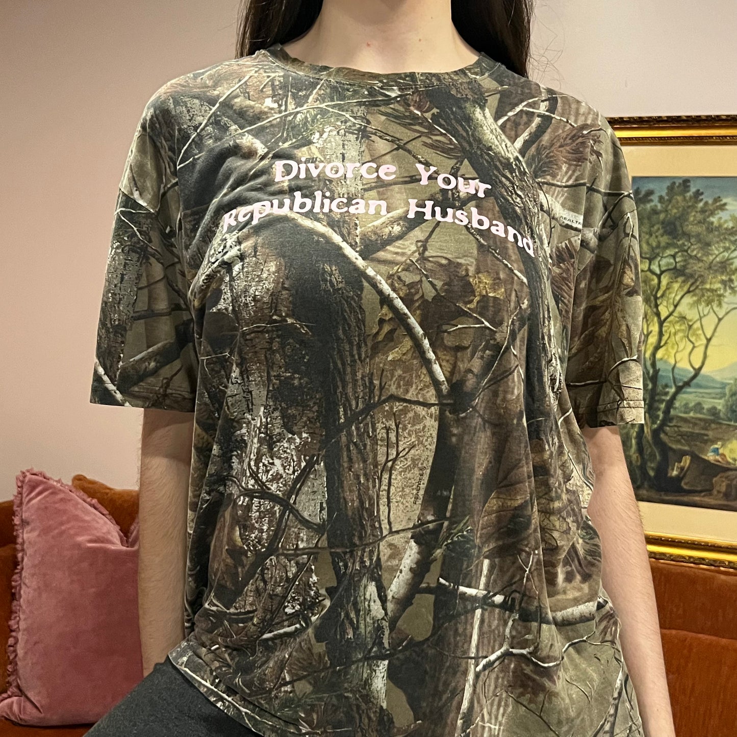 DIVORCE YOUR REPUBLICAN HUSBAND camo t-shirt with pink text (XL)