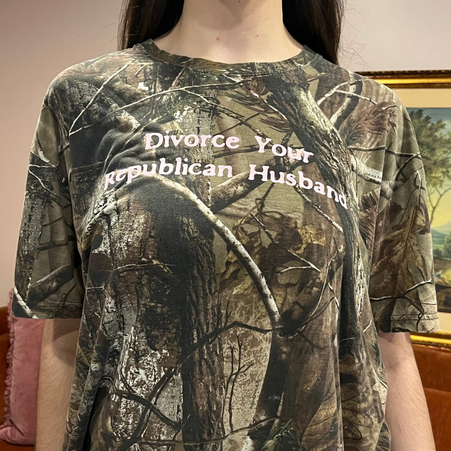 DIVORCE YOUR REPUBLICAN HUSBAND camo t-shirt with pink text (XL)