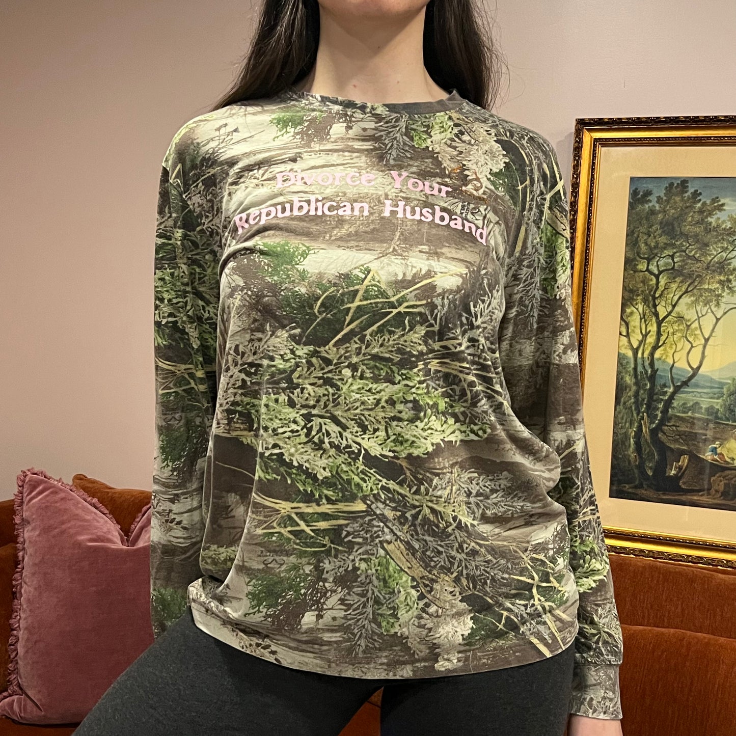 DIVORCE YOUR REPUBLICAN HUSBAND camo long sleeve t-shirt with pink text (L)