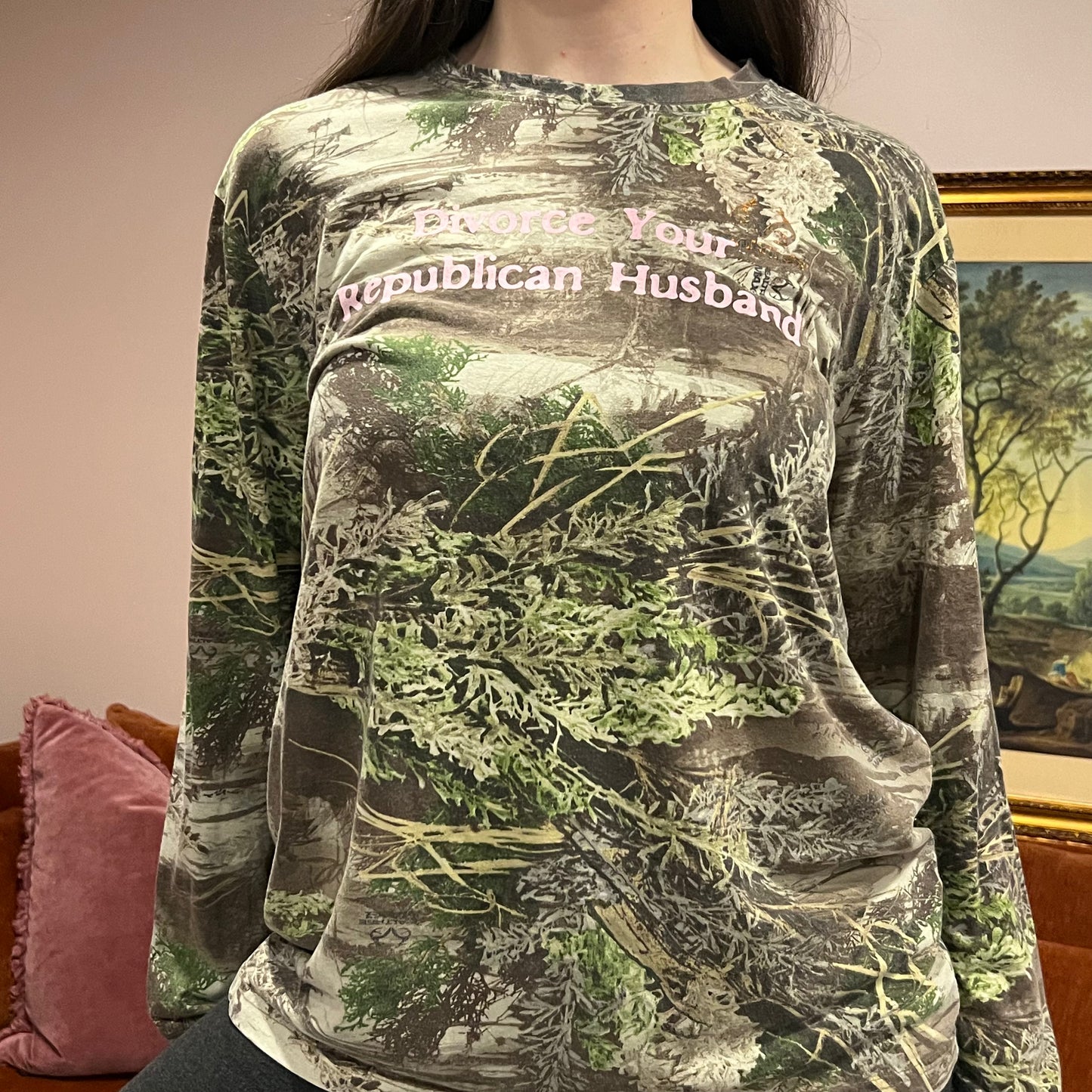 DIVORCE YOUR REPUBLICAN HUSBAND camo long sleeve t-shirt with pink text (L)