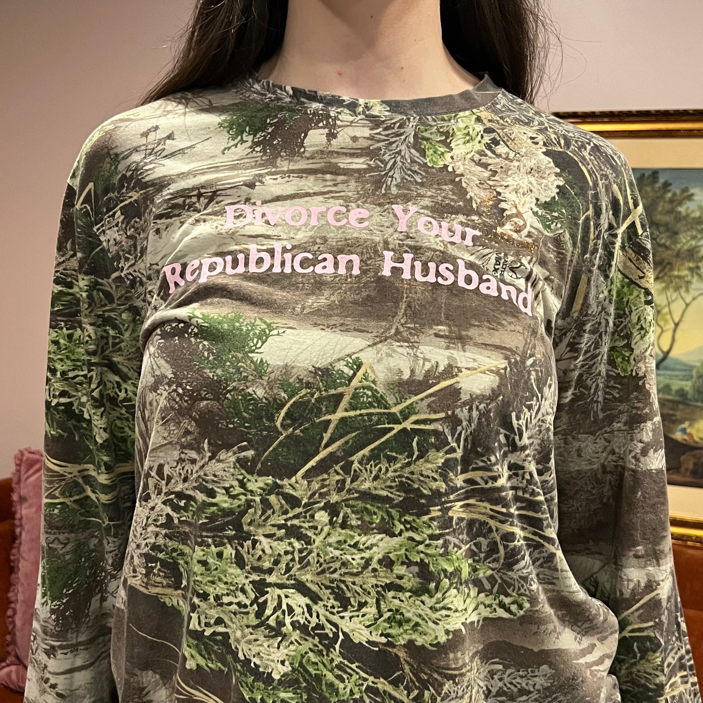 DIVORCE YOUR REPUBLICAN HUSBAND camo long sleeve t-shirt with pink text (L)