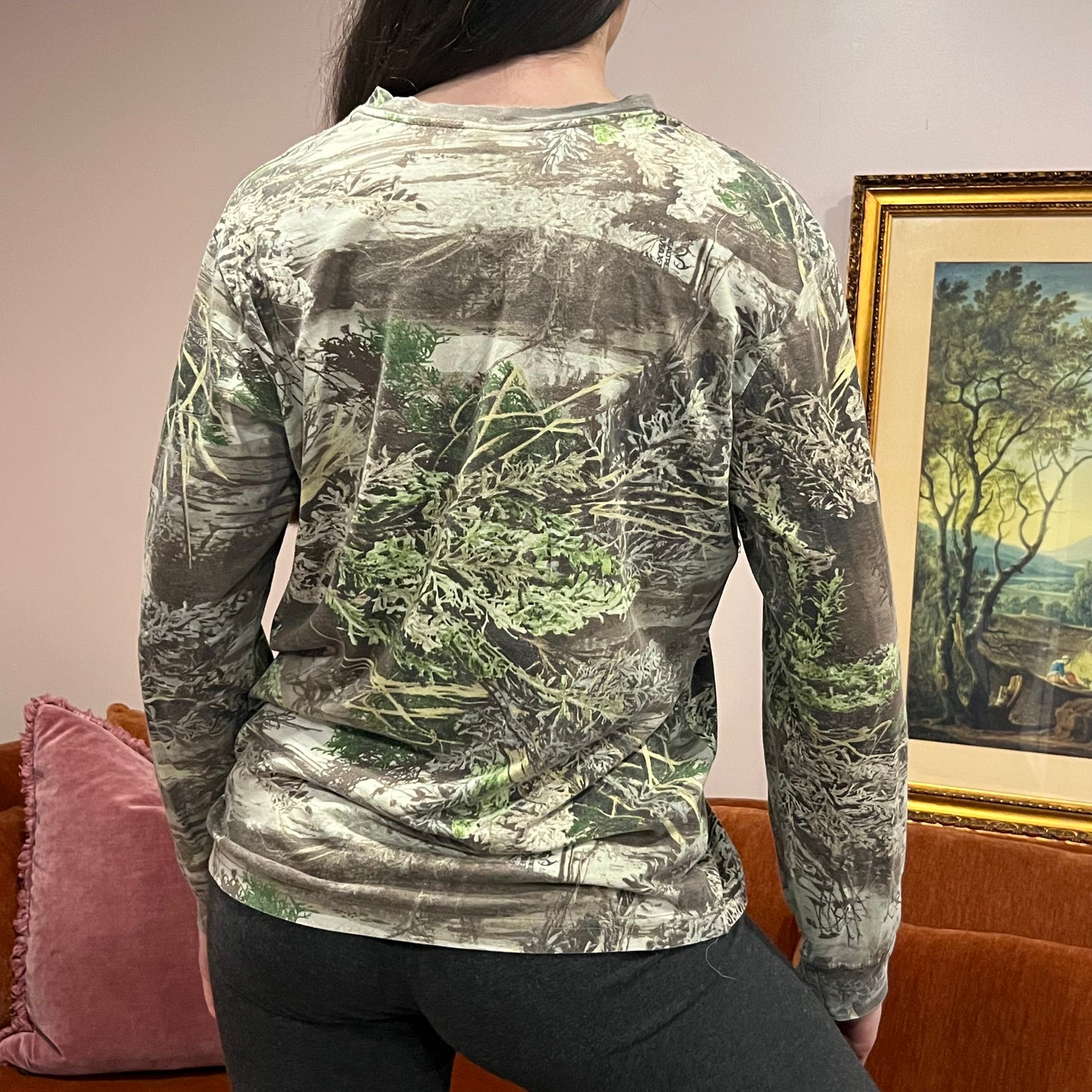 DIVORCE YOUR REPUBLICAN HUSBAND camo long sleeve t-shirt with pink text (L)