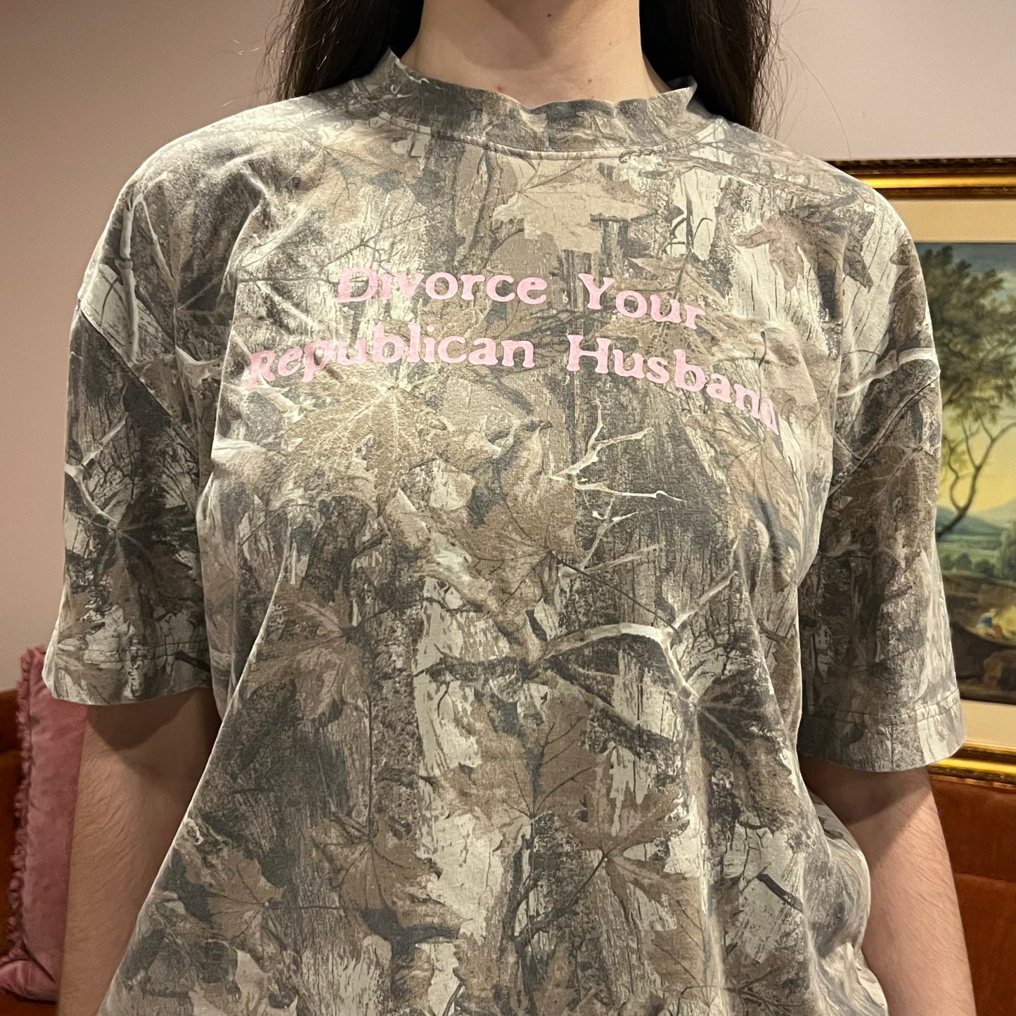 DIVORCE YOUR REPUBLICAN HUSBAND camo t-shirt with pink text (L)