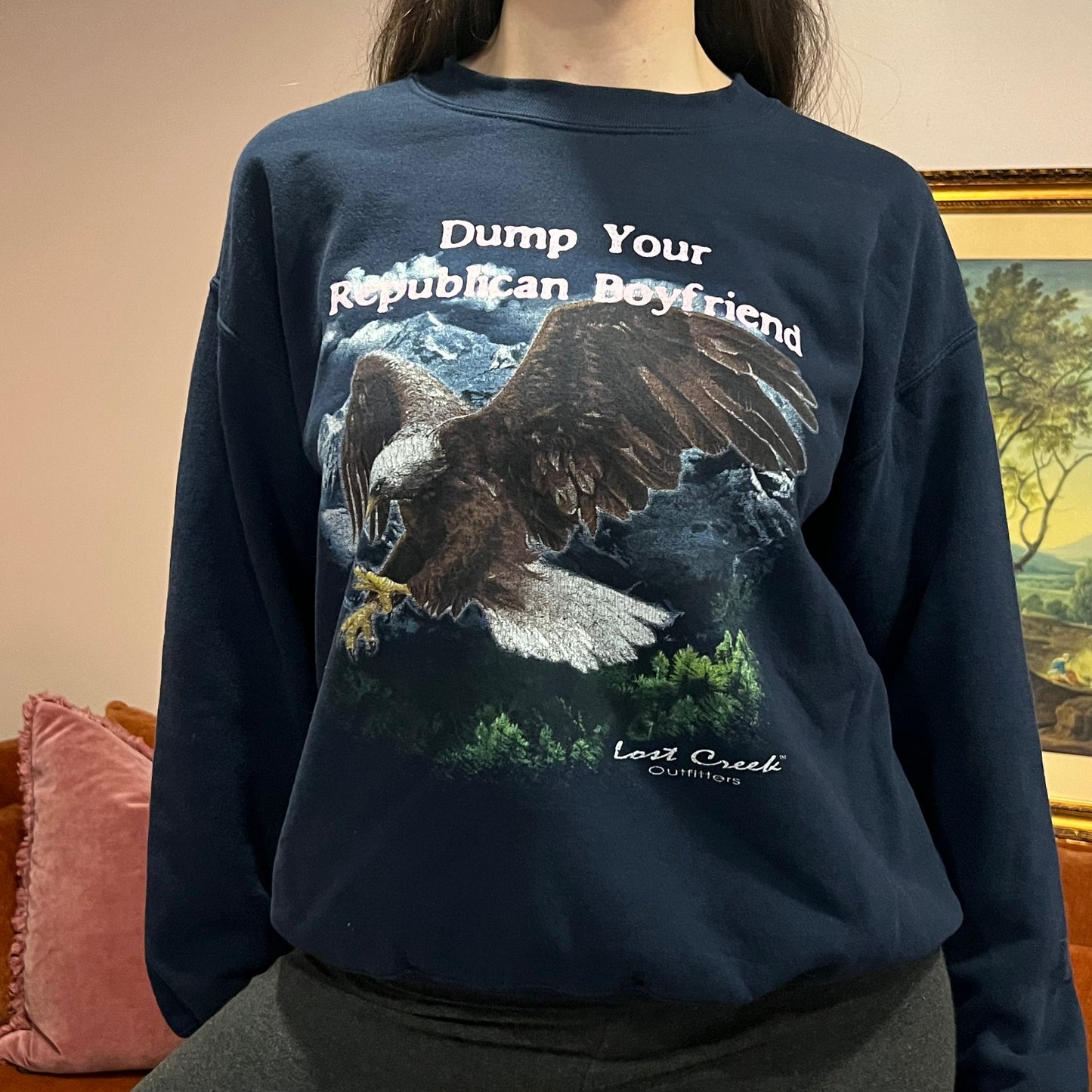 DUMP YOUR REPUBLICAN BOYFRIEND animal crewneck with pink text (M)