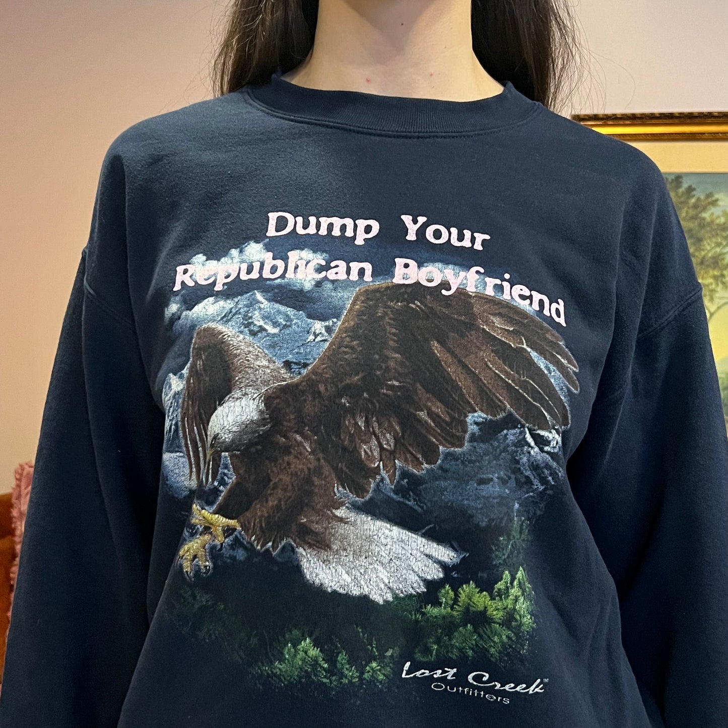 DUMP YOUR REPUBLICAN BOYFRIEND animal crewneck with pink text (M)