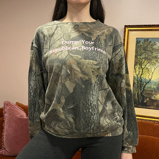 DUMP YOUR REPUBLICAN BOYFRIEND camo crewneck with pink text (L/XL)