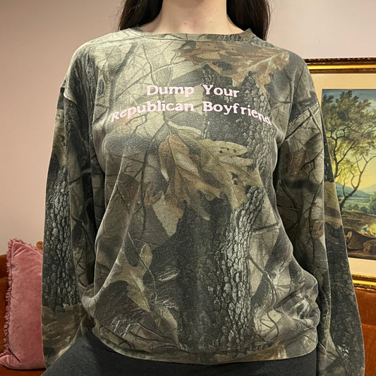 DUMP YOUR REPUBLICAN BOYFRIEND camo crewneck with pink text (L/XL)