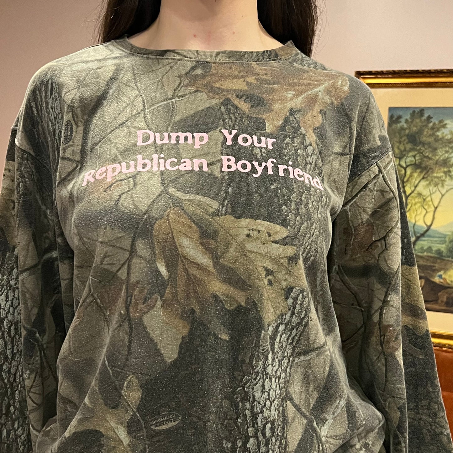 DUMP YOUR REPUBLICAN BOYFRIEND camo crewneck with pink text (L/XL)