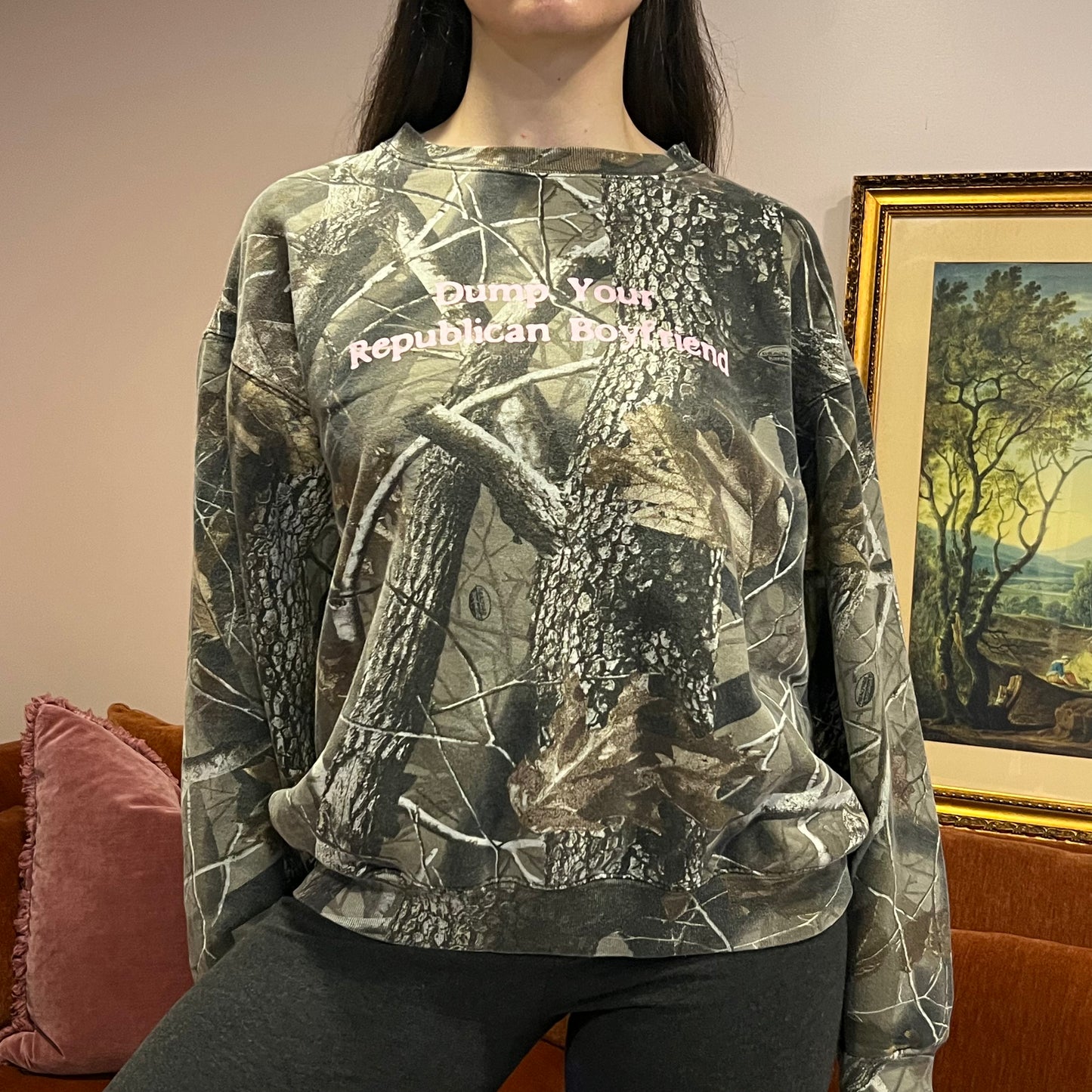 DUMP YOUR REPUBLICAN BOYFRIEND camo crewneck with pink text (L)
