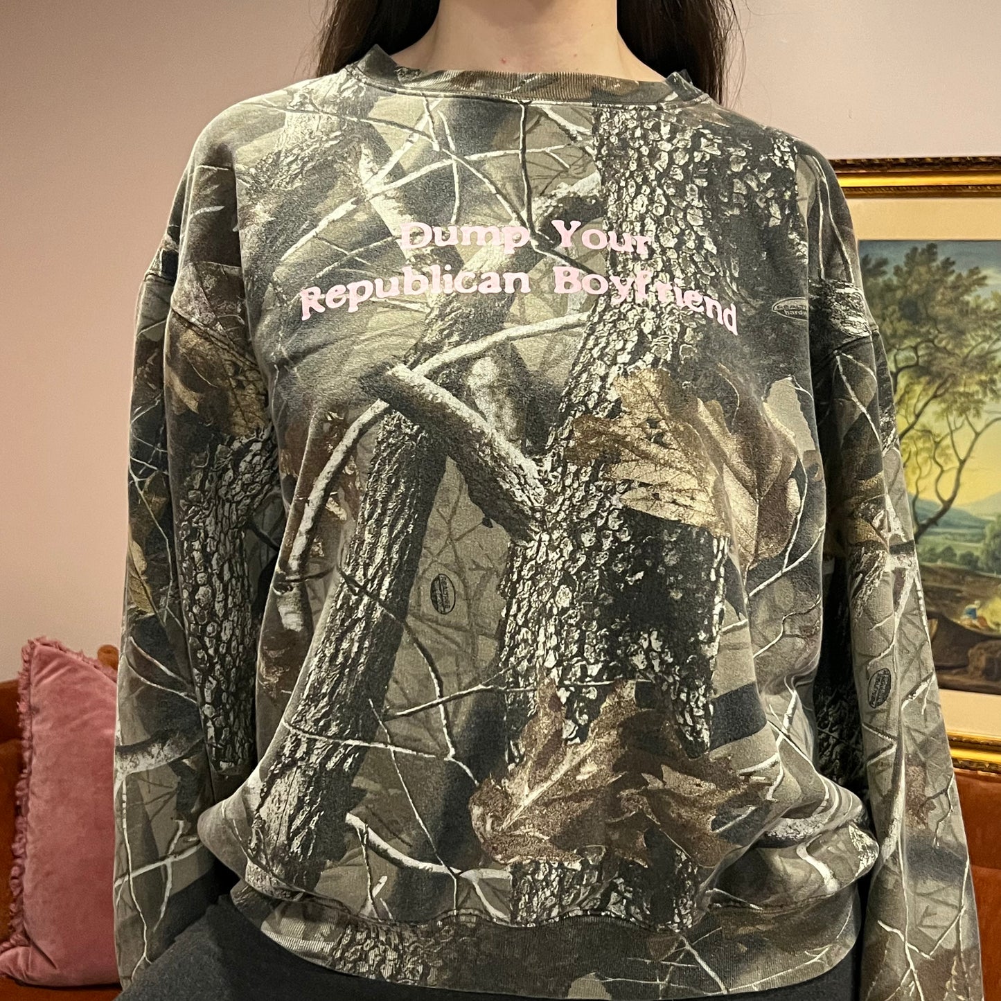 DUMP YOUR REPUBLICAN BOYFRIEND camo crewneck with pink text (L)