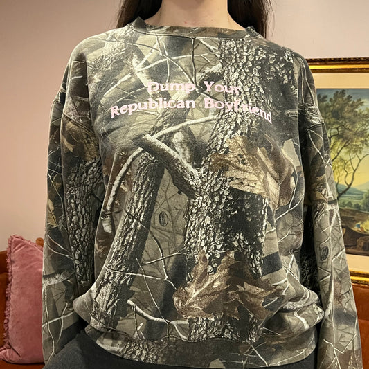 DUMP YOUR REPUBLICAN BOYFRIEND camo crewneck with pink text (L)