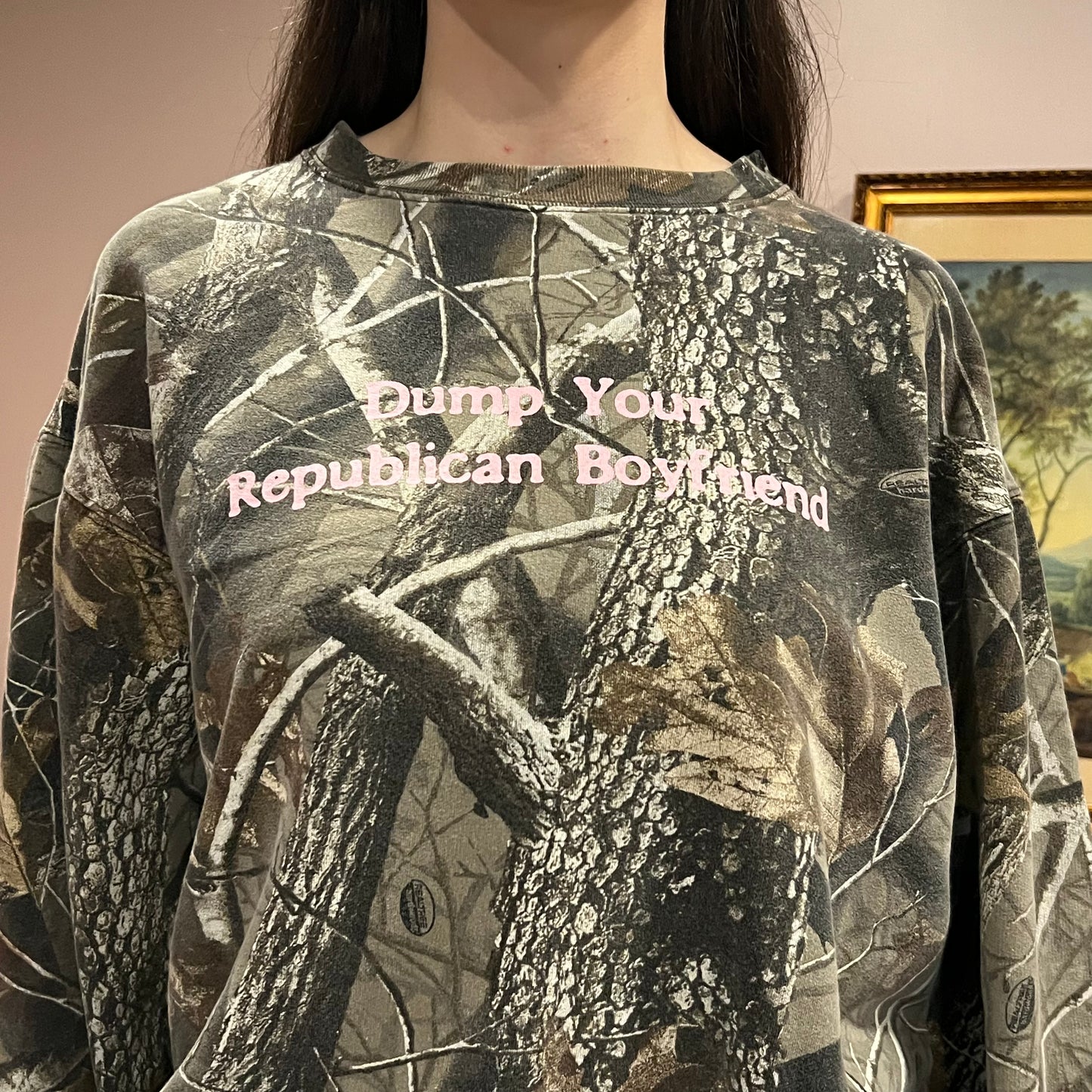DUMP YOUR REPUBLICAN BOYFRIEND camo crewneck with pink text (L)