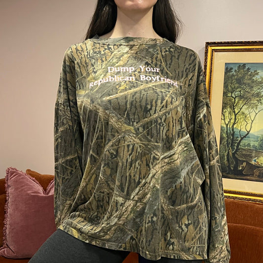 DUMP YOUR REPUBLICAN BOYFRIEND camo long sleeve t-shirt with pink text (XL)