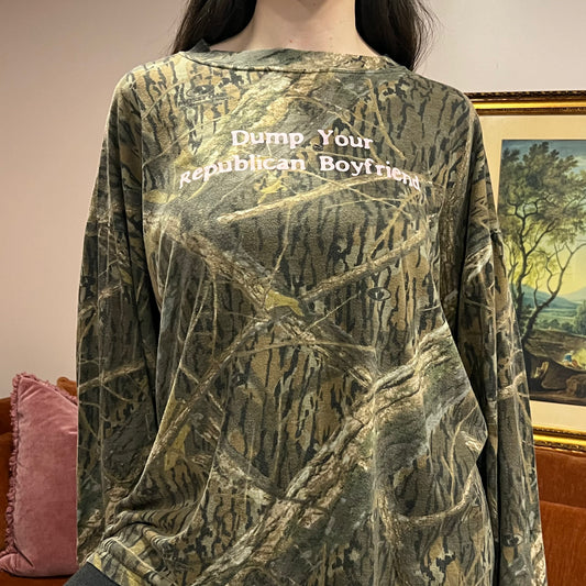 DUMP YOUR REPUBLICAN BOYFRIEND camo long sleeve t-shirt with pink text (XL)