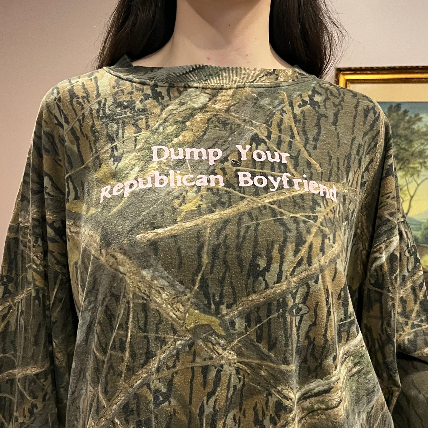 DUMP YOUR REPUBLICAN BOYFRIEND camo long sleeve t-shirt with pink text (XL)